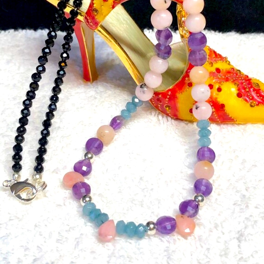 💍⭐️Amethyst, pink opal and blue tourmaline/black spinel,sterling silver